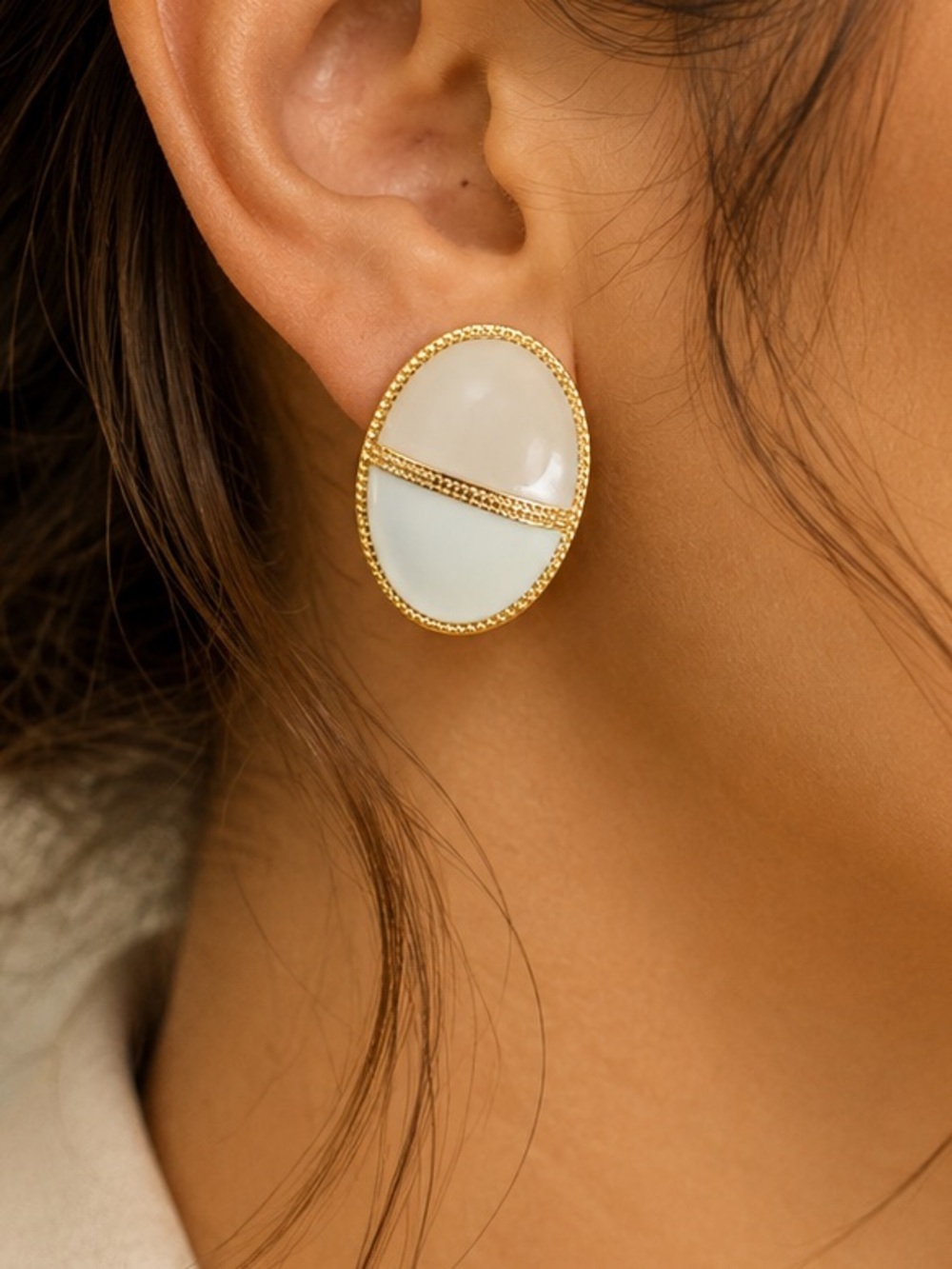 Elegant Ivory & Gold Oval Statement Earrings